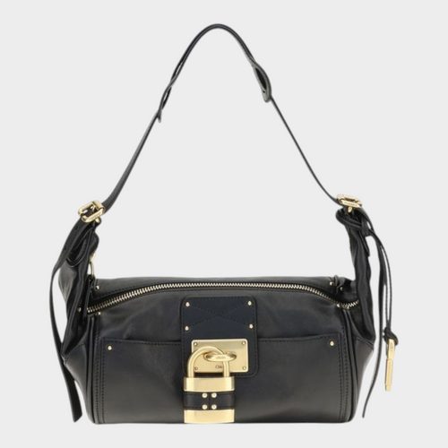 Esmire & Co Chloé black calf leather Paddington shoulder bag with gold padlock and stud details.