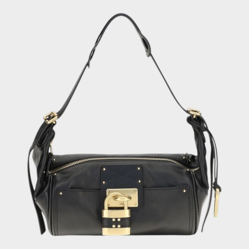 Esmire & Co Chloé black calf leather Paddington shoulder bag with gold padlock and stud details.