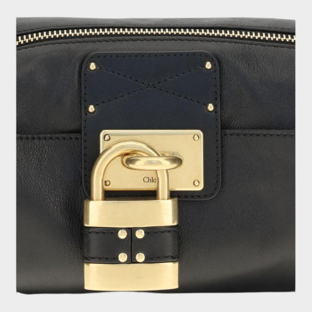 Esmire & Co Chloé black calf leather Paddington shoulder bag featuring an iconic gold-tone oversized padlock detail.
