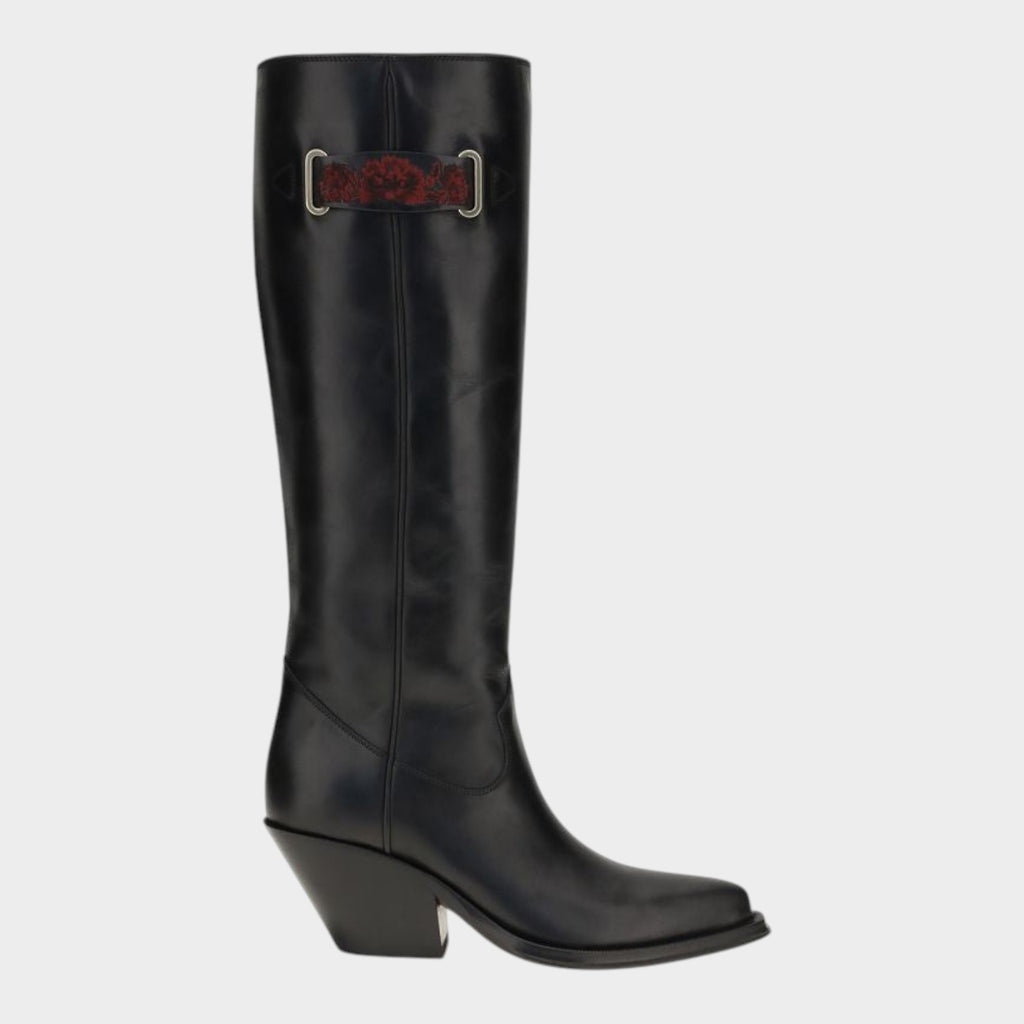 Esmire & Co Chloé black calf leather over-the-knee boots with floral embroidery and a slanted Western-inspired heel.