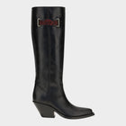Esmire & Co Chloé black calf leather over-the-knee boots with floral embroidery and a slanted Western-inspired heel.