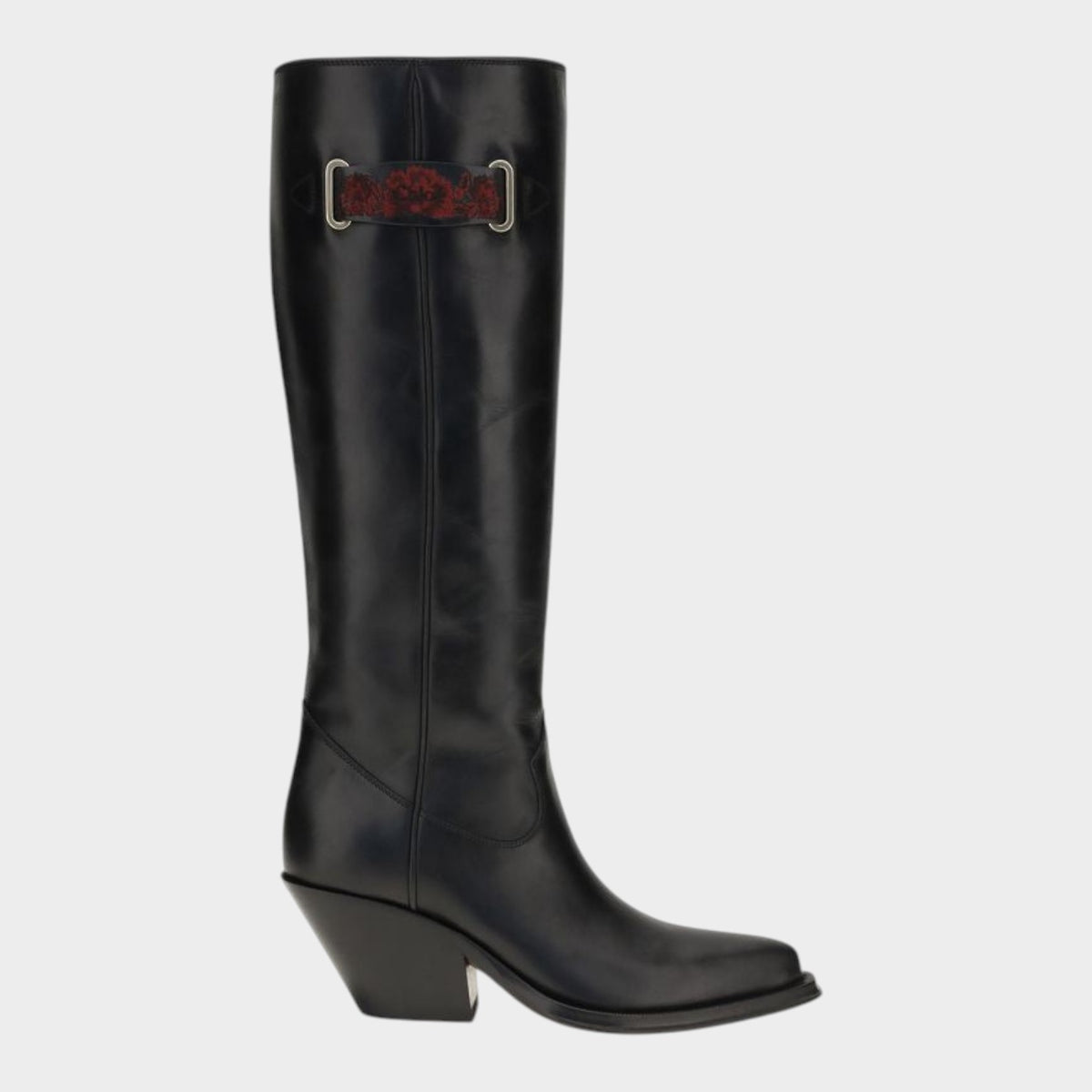 Esmire & Co Chloé black calf leather over-the-knee boots with floral embroidery and a slanted Western-inspired heel.