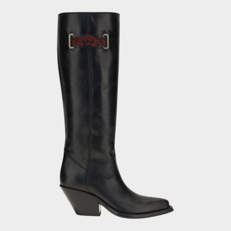 Esmire & Co Chloé black calf leather over-the-knee boots with floral embroidery and a slanted Western-inspired heel.
