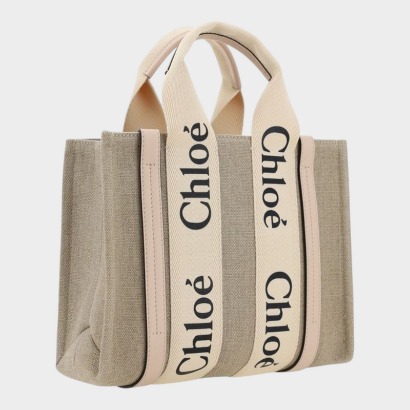 Esmire & Co Chloé Woody brown canvas tote bag with logo-printed handles and leather trim details.
