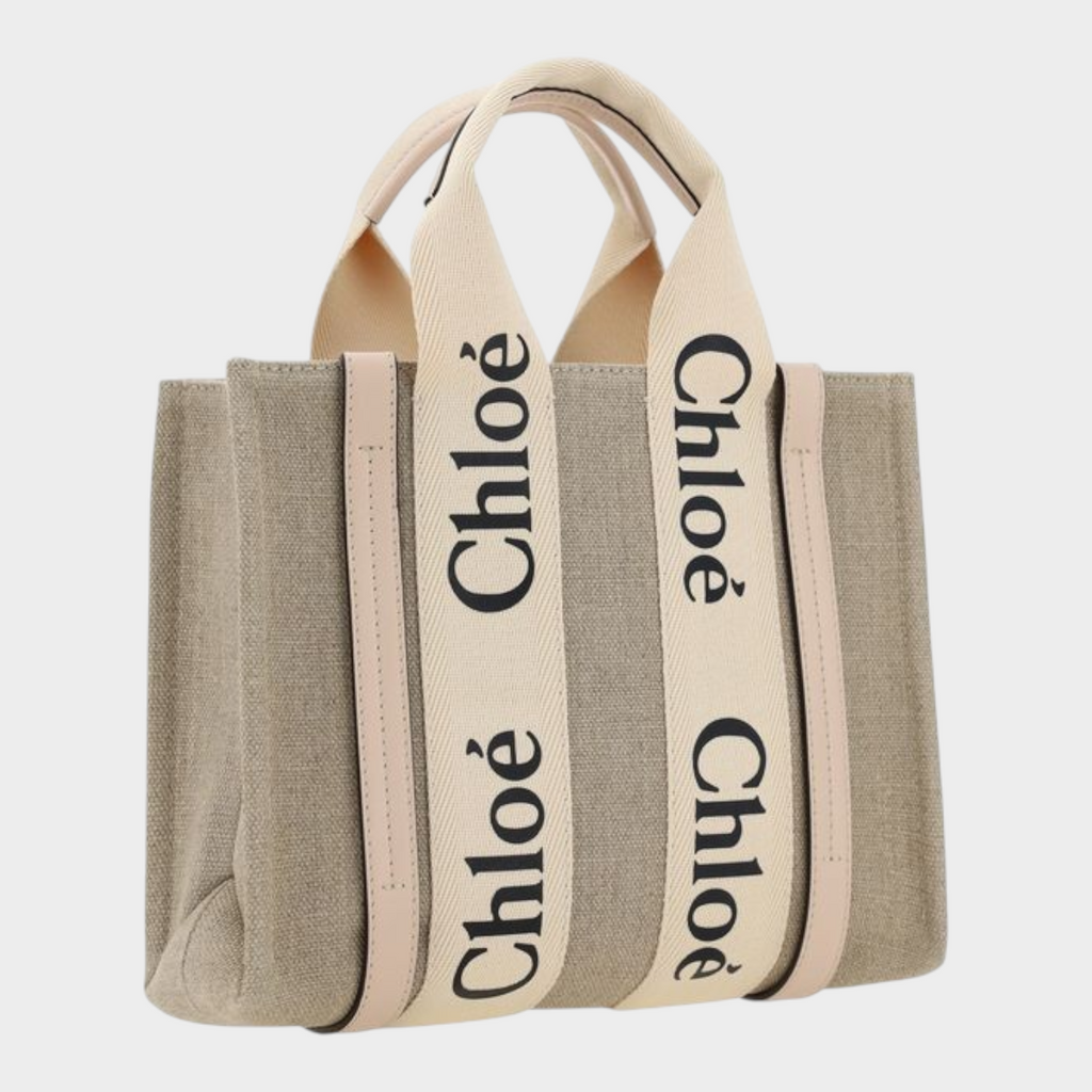Esmire & Co Chloé Woody brown canvas tote bag with beige logo-printed straps and leather trim details.