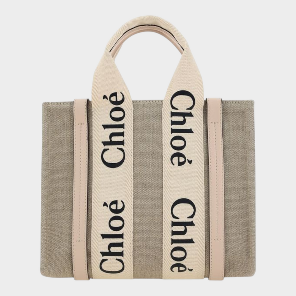 Esmire & Co Chloé brown canvas Woody tote bag with beige logo-printed straps and leather trim details.