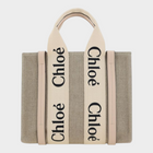 Esmire & Co Chloé brown canvas Woody tote bag with beige logo-printed straps and leather trim details.
