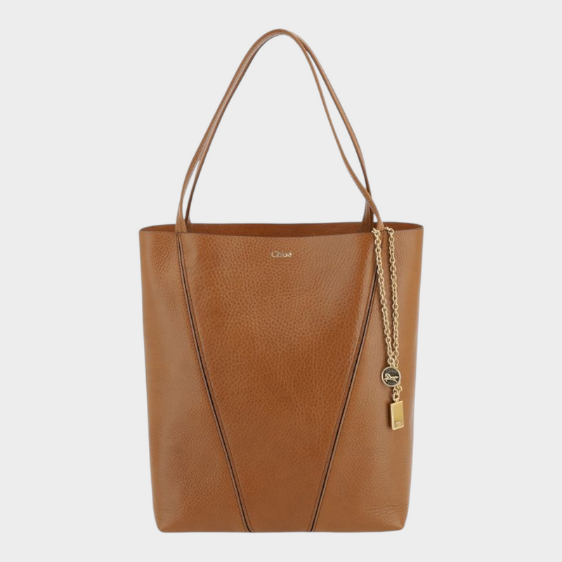 Esmire & Co Chloé brown grained calf leather shoulder bag with gold chain pendant and front monogram logo