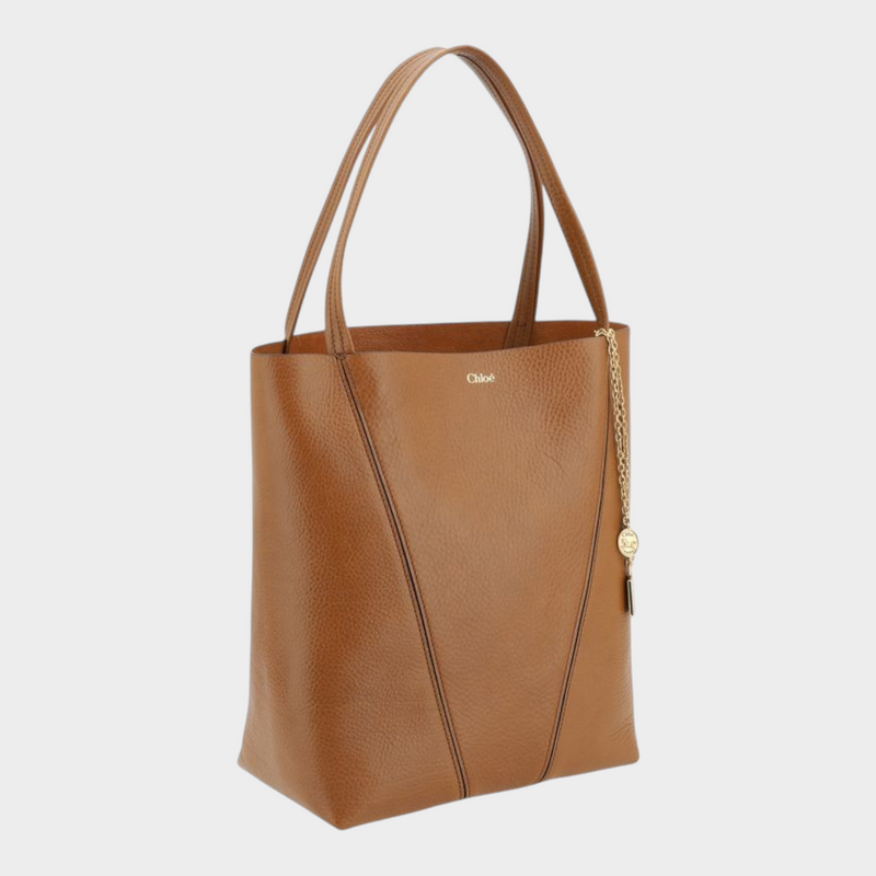 Esmire & Co Chloé brown grained calf leather Spin shoulder bag with gold chain pendant and dual top handles