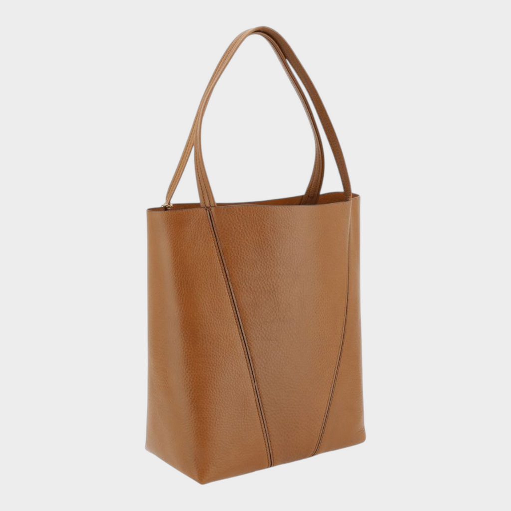 Esmire & Co Chloé brown grained calf leather shoulder bag with two flat handles and a sleek vertical seam design.