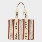 Esmire & Co Chloé brown and beige striped linen tote bag with logo ribbon handles and leather trim details.