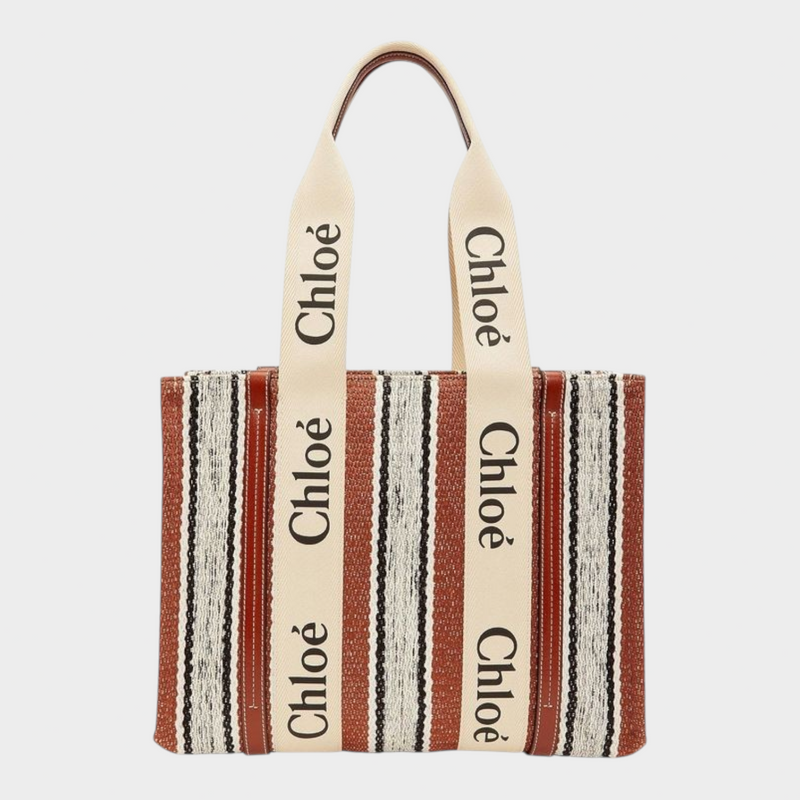 Esmire & Co Chloé brown and beige striped linen tote bag with logo ribbon handles and leather trim details.