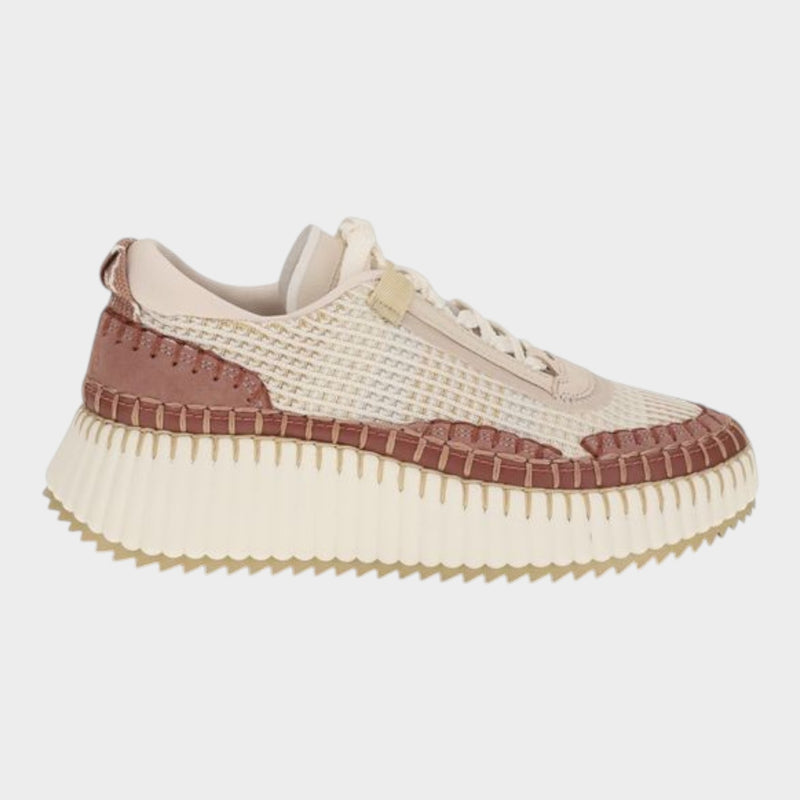 Esmire & Co Chloé Nama beige chunky sneakers with mesh side panels, textured platform sole, and lace-up closure.