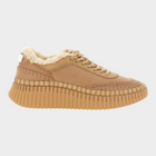 Esmire & Co Chloé Nama beige leather chunky sneakers with shearling lining, handmade stitching, and grooved wedge sole.