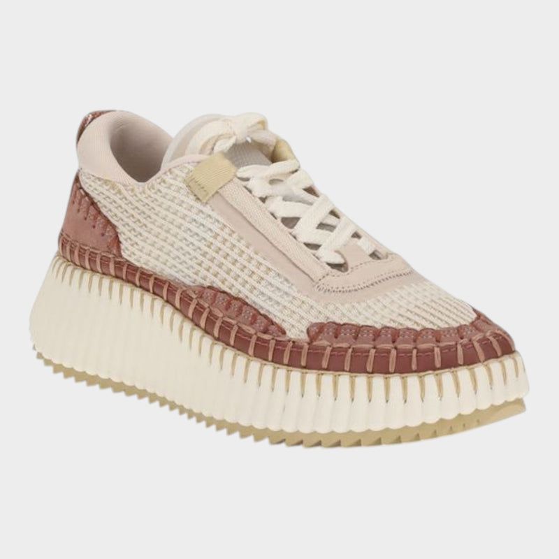 Esmire & Co Chloé Nama beige chunky sneakers featuring a recycled mesh upper, lace-up front, and textured platform sole.