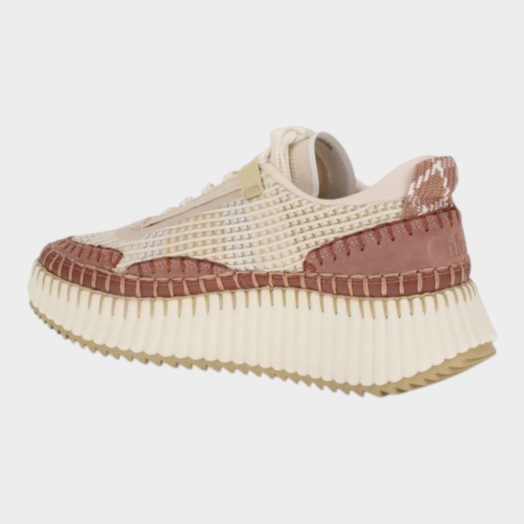 Esmire & Co Chloé Nama chunky sneakers in beige nylon and mesh with a textured platform sole and heel monogram