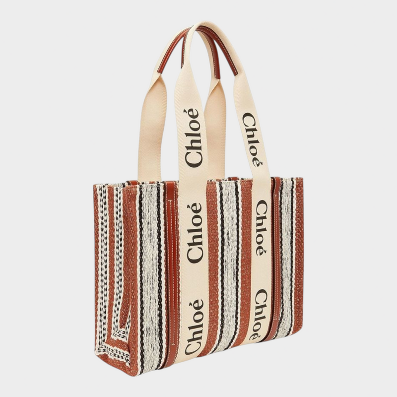 Esmire & Co Chloé brown striped linen tote bag with signature logo ribbon handles and leather trim details