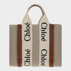 Esmire & Co Chloé Woody brown canvas tote bag with logo-printed cream handles and brown leather trim details.