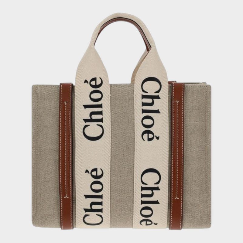 Esmire & Co Chloé Woody brown canvas tote bag with logo-printed cream handles and brown leather trim details.