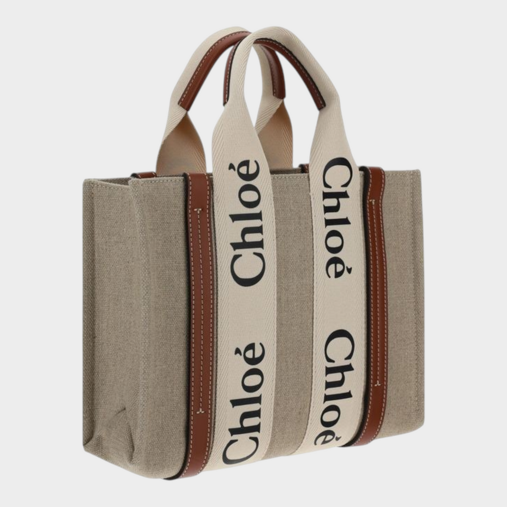 Esmire & Co Chloé Woody brown canvas tote bag with logo-printed cream straps and brown leather trim details.