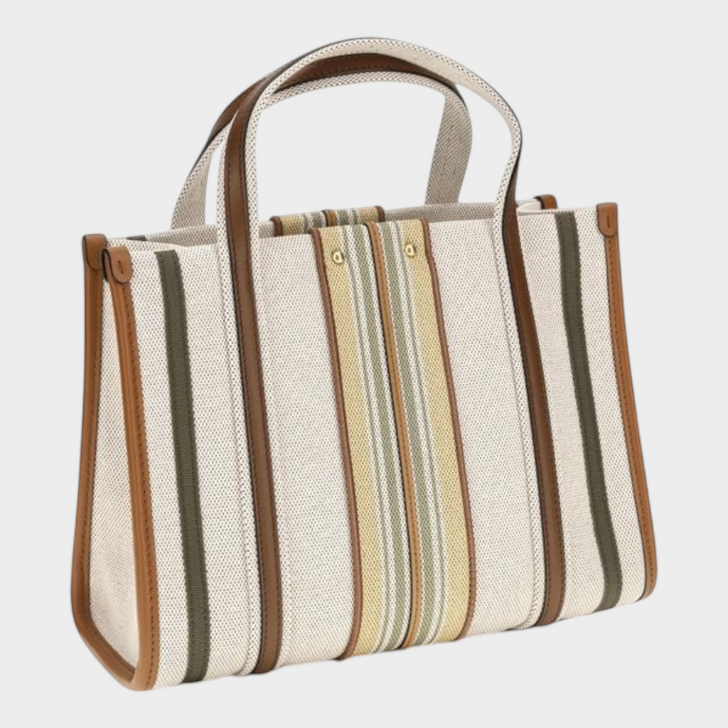 Esmire & Co Chloé Small Woody Loop tote bag in beige cotton canvas with brown leather trim and striped vertical belt.