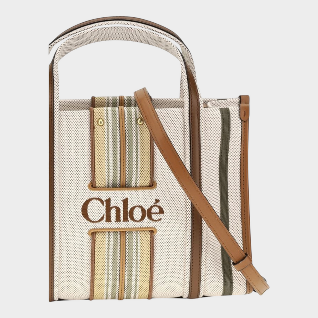 Esmire & Co Chloé Small Woody Loop tote in beige cotton canvas with brown leather trim and striped logo detail