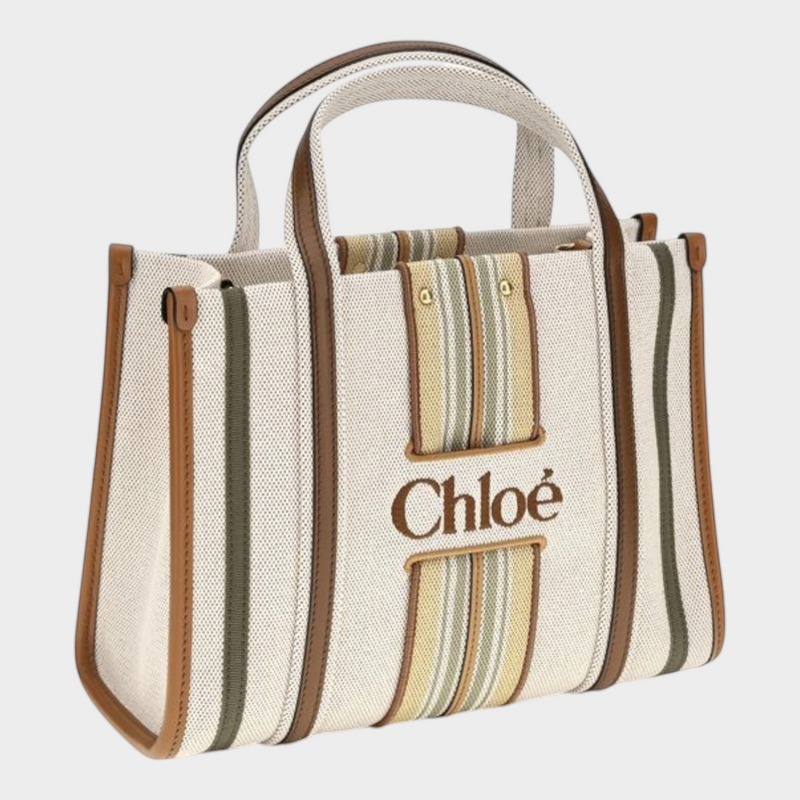 Esmire & Co Chloé Small Woody Loop tote bag in beige cotton canvas with brown leather trim and striped logo detail.