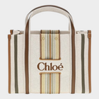 Esmire & Co Chloé Small Woody Loop tote bag in beige cotton canvas with brown leather trim and striped logo detail.