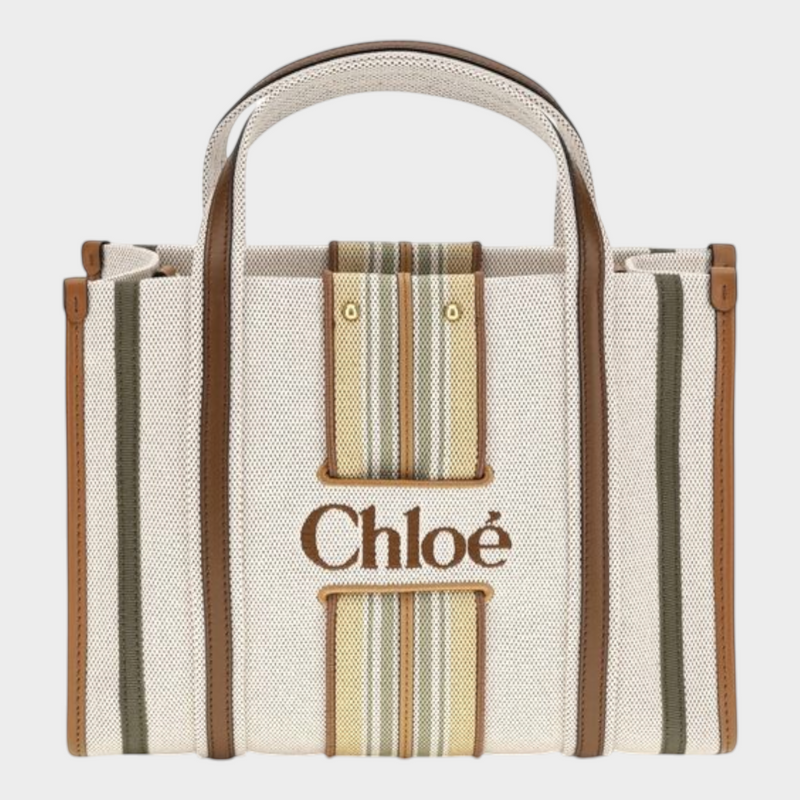 Esmire & Co Chloé Small Woody Loop tote bag in beige cotton canvas with brown leather trim and striped logo detail.