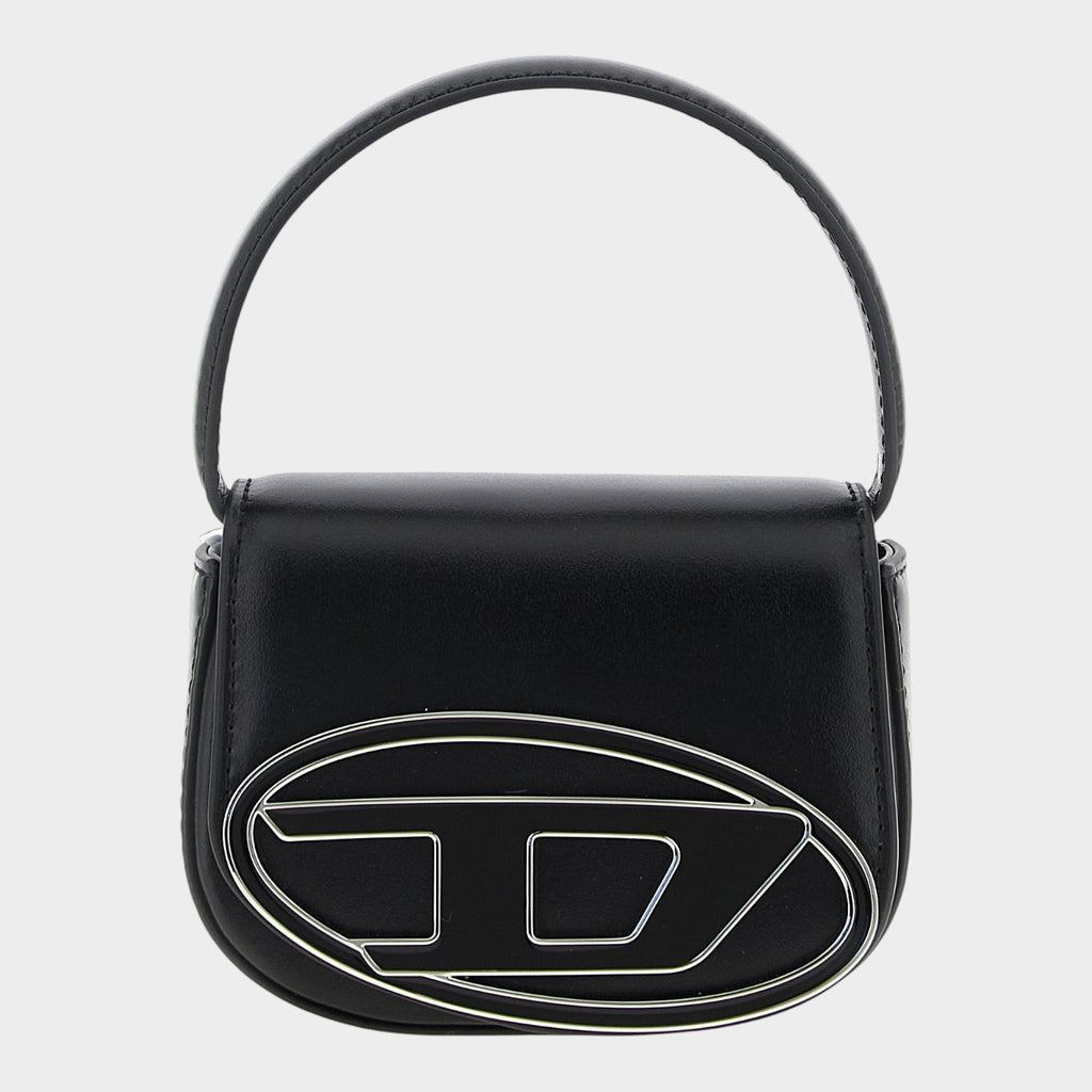 Esmire & Co Diesel 1DR XS black leather handbag with a structured silhouette and prominent silver metal logo hardware.