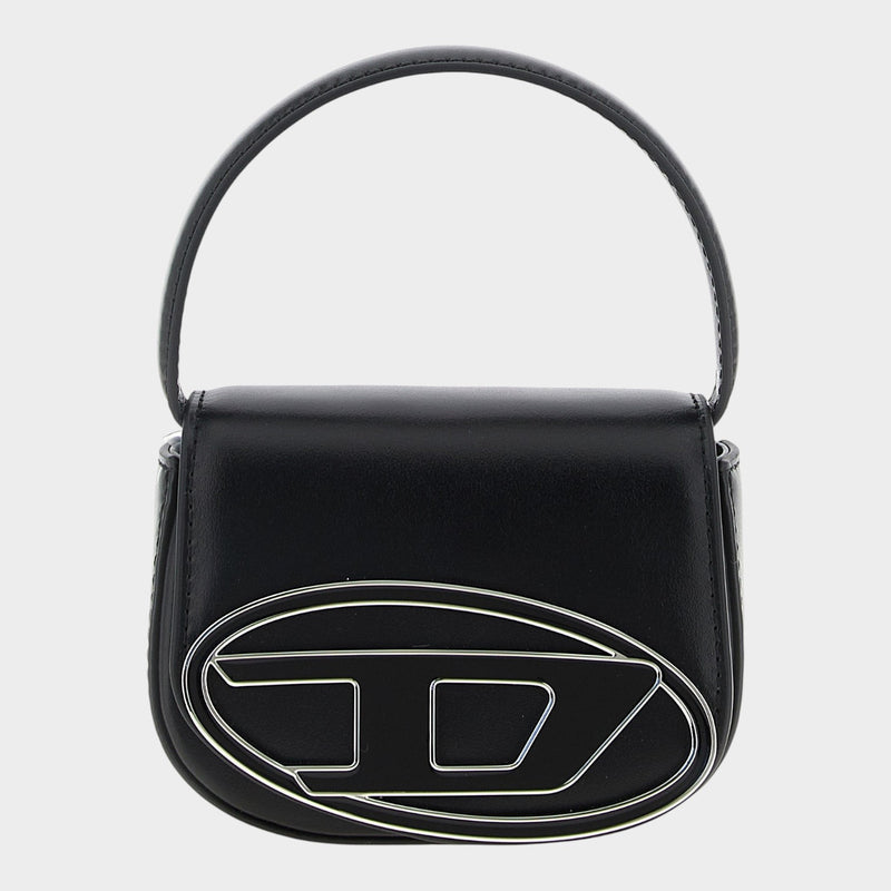 Esmire & Co Diesel 1DR XS black leather handbag with a structured silhouette and prominent silver metal logo hardware.