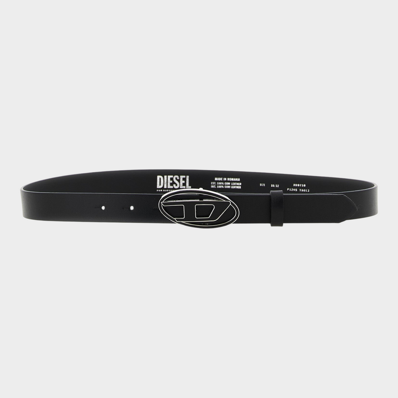 Esmire & Co Diesel B-1dr 25 black belt featuring an enameled metal oval D buckle on a smooth strap