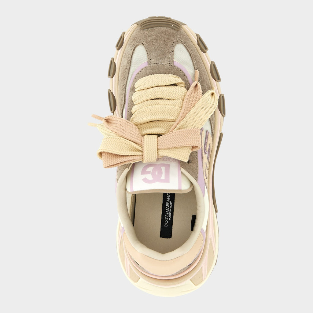 Esmire & Co Dolce & Gabbana beige calfskin sneakers with double maxi laces and sculptural tank sole, top view.