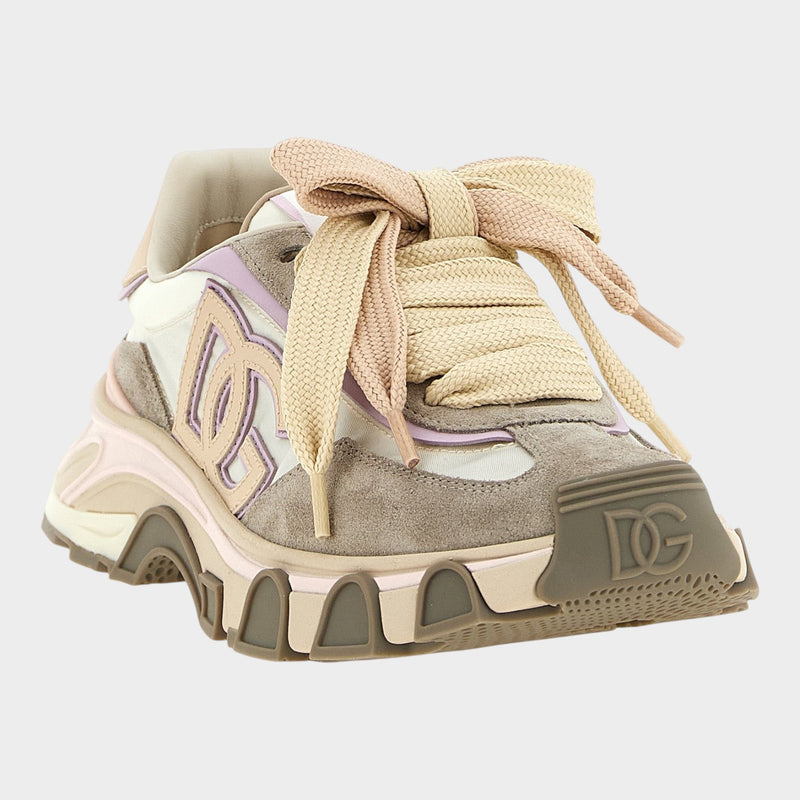 Esmire & Co Dolce & Gabbana beige calfskin and fabric sneakers with double maxi laces and sculptural tank sole.