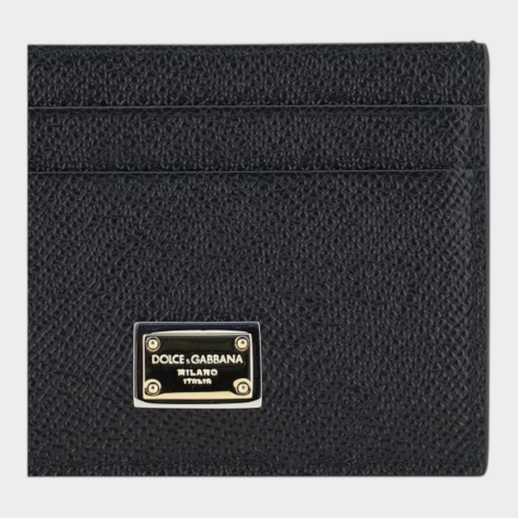 Esmire & Co Dolce & Gabbana black calf leather cardholder with gold logo plaque and textured finish