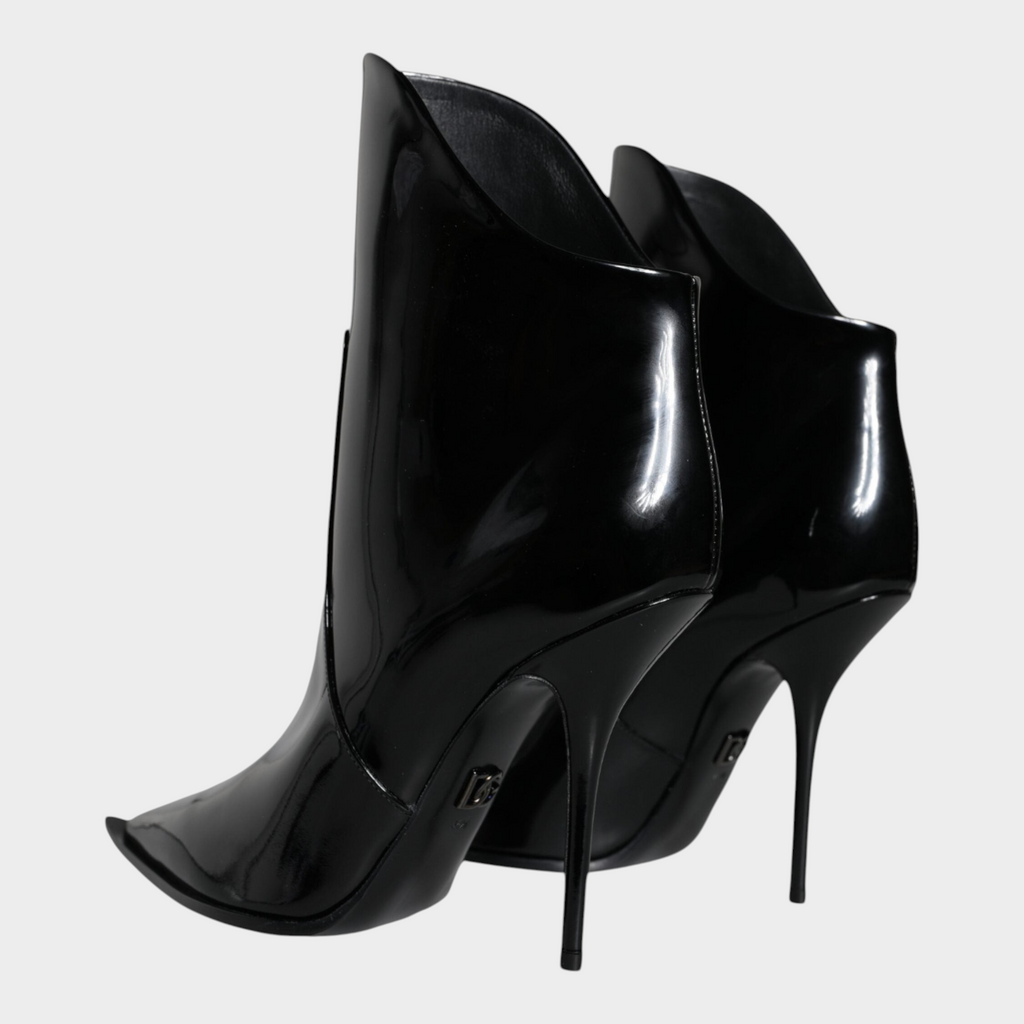 Esmire & Co Dolce & Gabbana black patent leather pointed ankle boots with high stiletto heels and logo detail