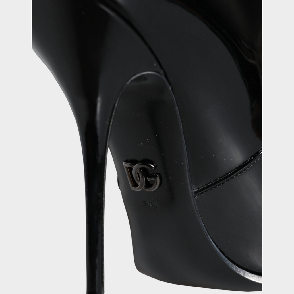 Esmire & Co Dolce & Gabbana black patent leather ankle boot heel with metallic DG logo detail