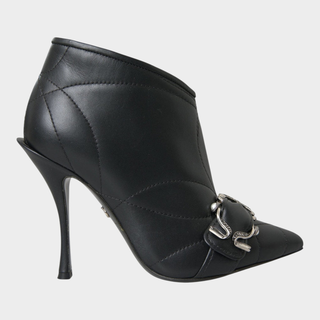 Esmire & Co Dolce & Gabbana black quilted leather stiletto booties with silver buckle detail and pointed toe