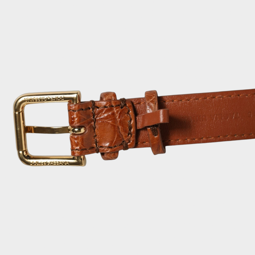 Esmire & Co Dolce & Gabbana brown caiman leather bracelet belt with a polished gold-tone buckle closure.
