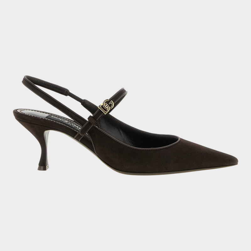 Esmire & Co Dolce & Gabbana brown suede slingback pumps with gold DG monogram, pointed toe, and sculpted mid heel.