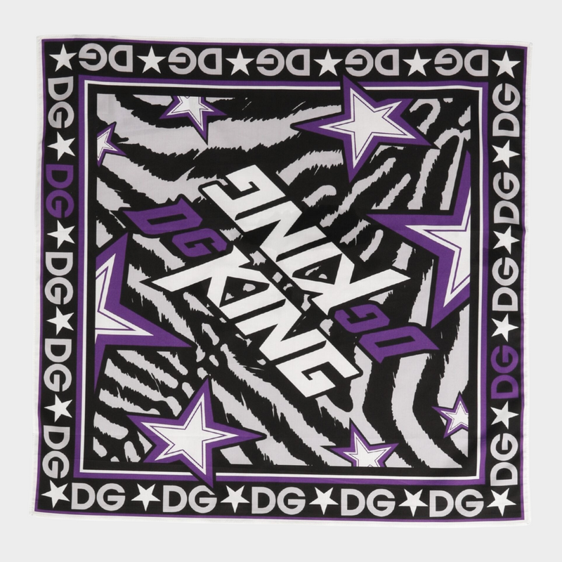 Esmire & Co Dolce & Gabbana black and purple cotton foulard scarf featuring DG King text and star patterns.
