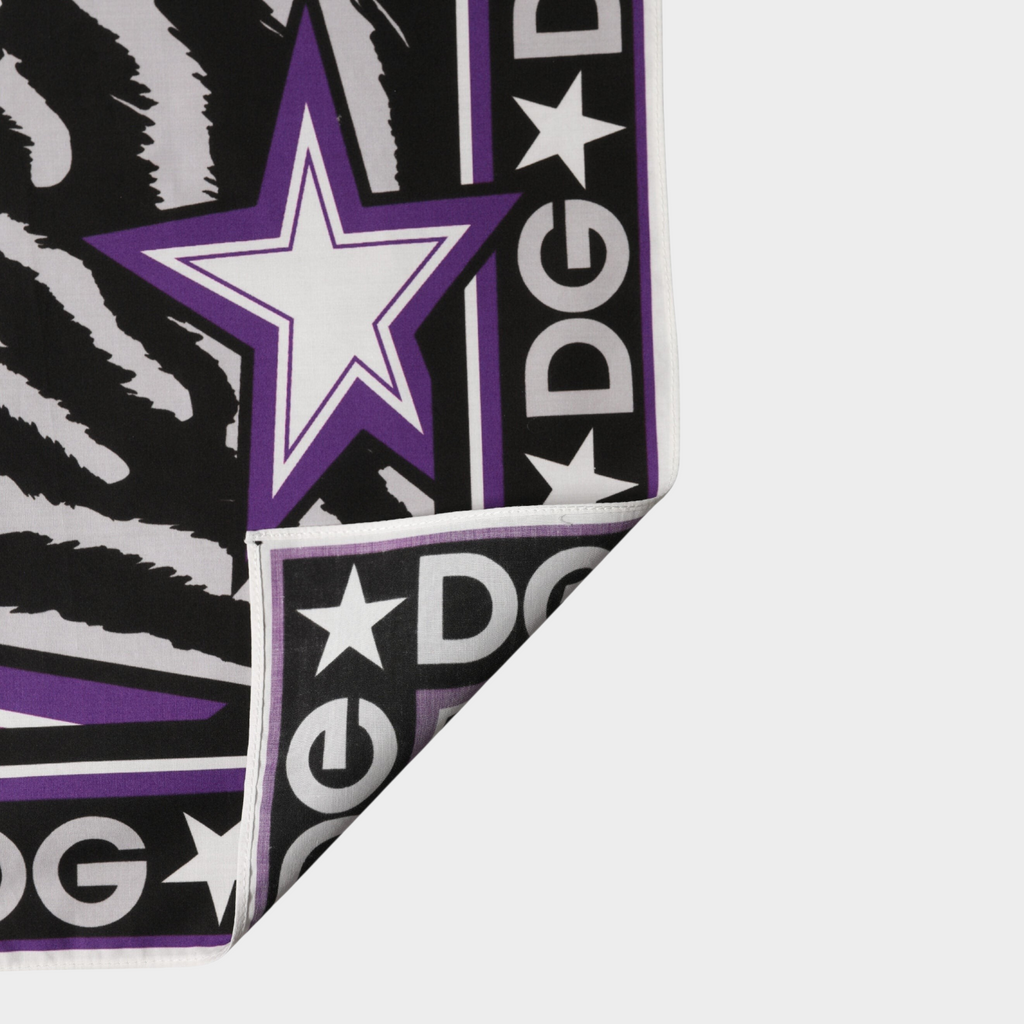Esmire & Co Dolce & Gabbana black and purple cotton foulard scarf featuring a zebra print and DG star logo design.