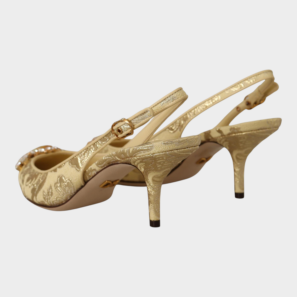Esmire & Co Dolce & Gabbana gold brocade slingback pumps with crystal embellishments and buckle closure