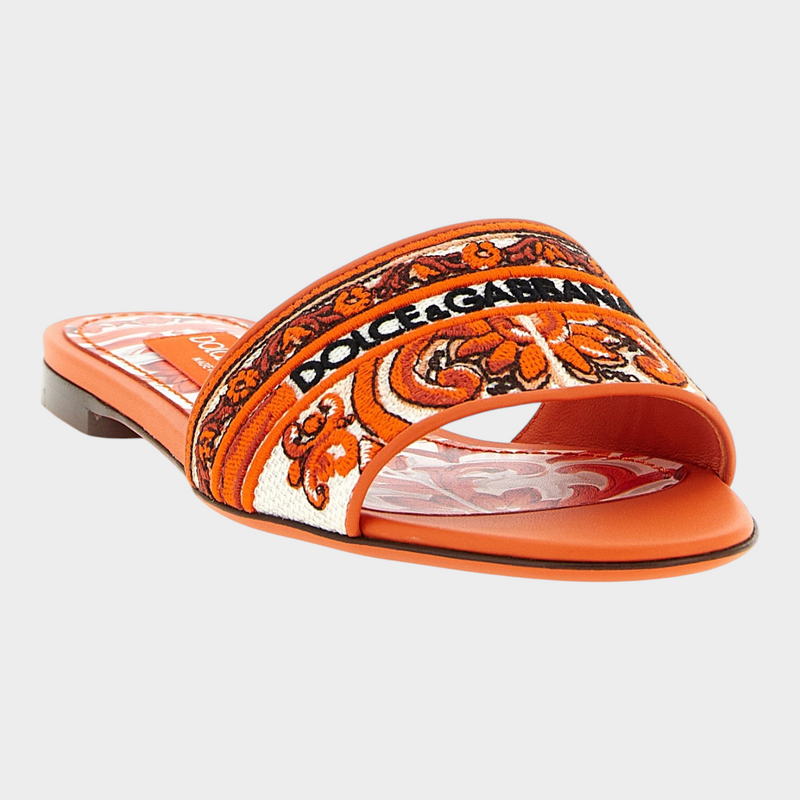 Esmire & Co Dolce & Gabbana orange cotton slides with intricate Maiolica embroidery and leather sole.