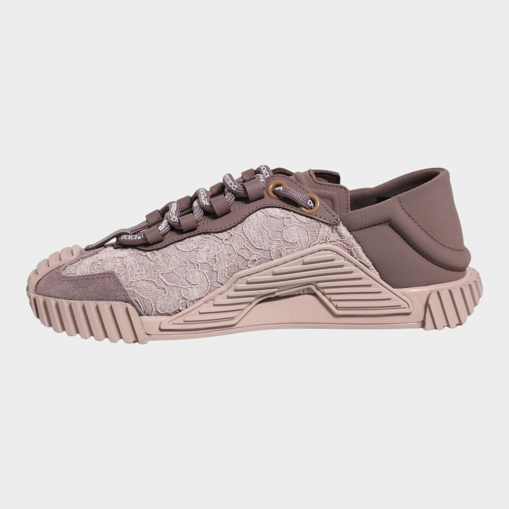 Esmire & Co Dolce & Gabbana NS1 low top sneakers in pink lace and leather with ridged rubber sole and logo laces