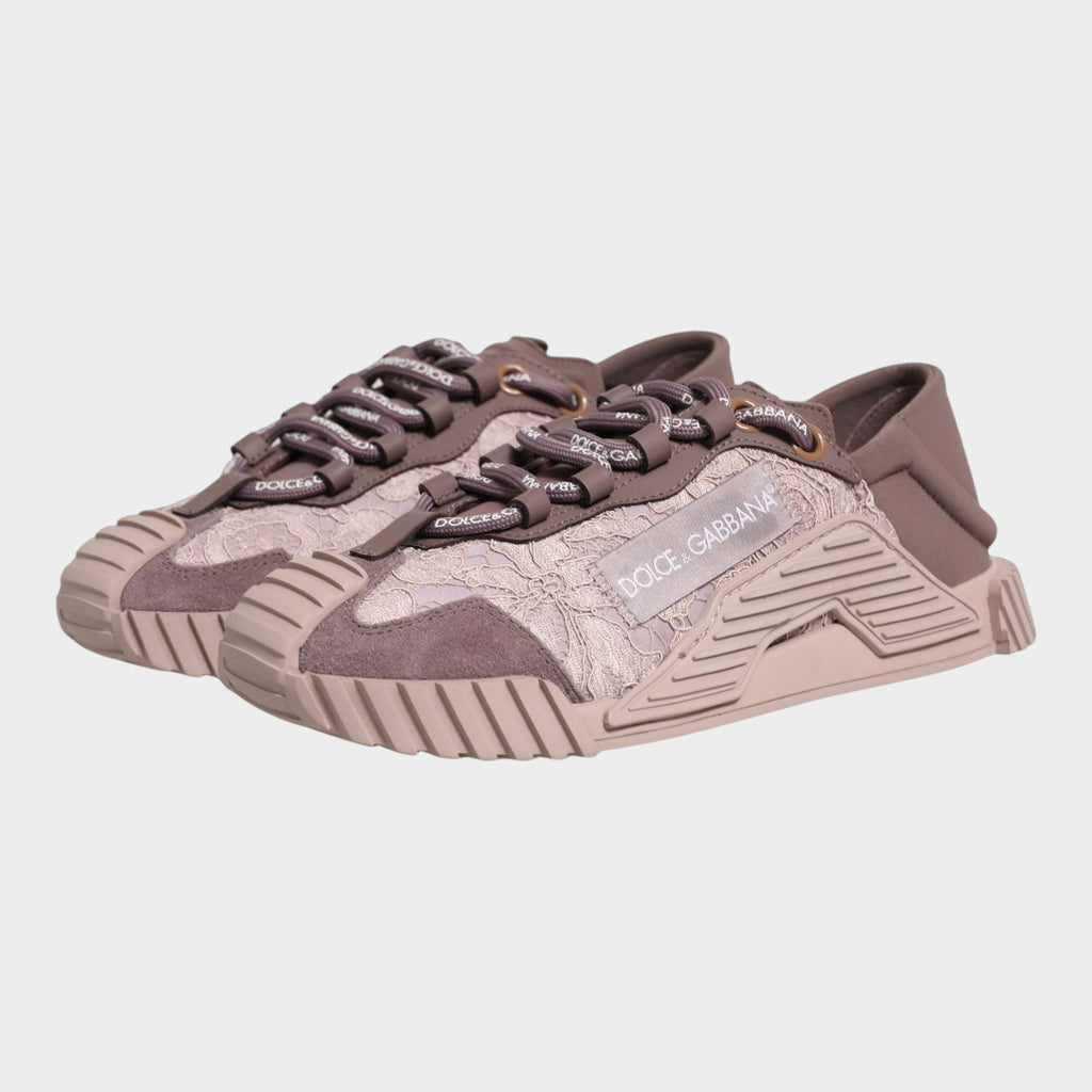 Esmire & Co Dolce & Gabbana NS1 low top sneakers in pink lace and suede with logo detail and ridged rubber sole