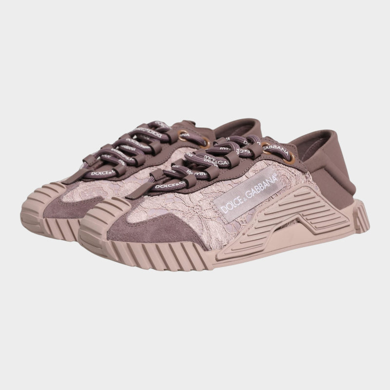 Esmire & Co Dolce & Gabbana NS1 low top sneakers in pink lace and suede with logo detail and ridged rubber sole