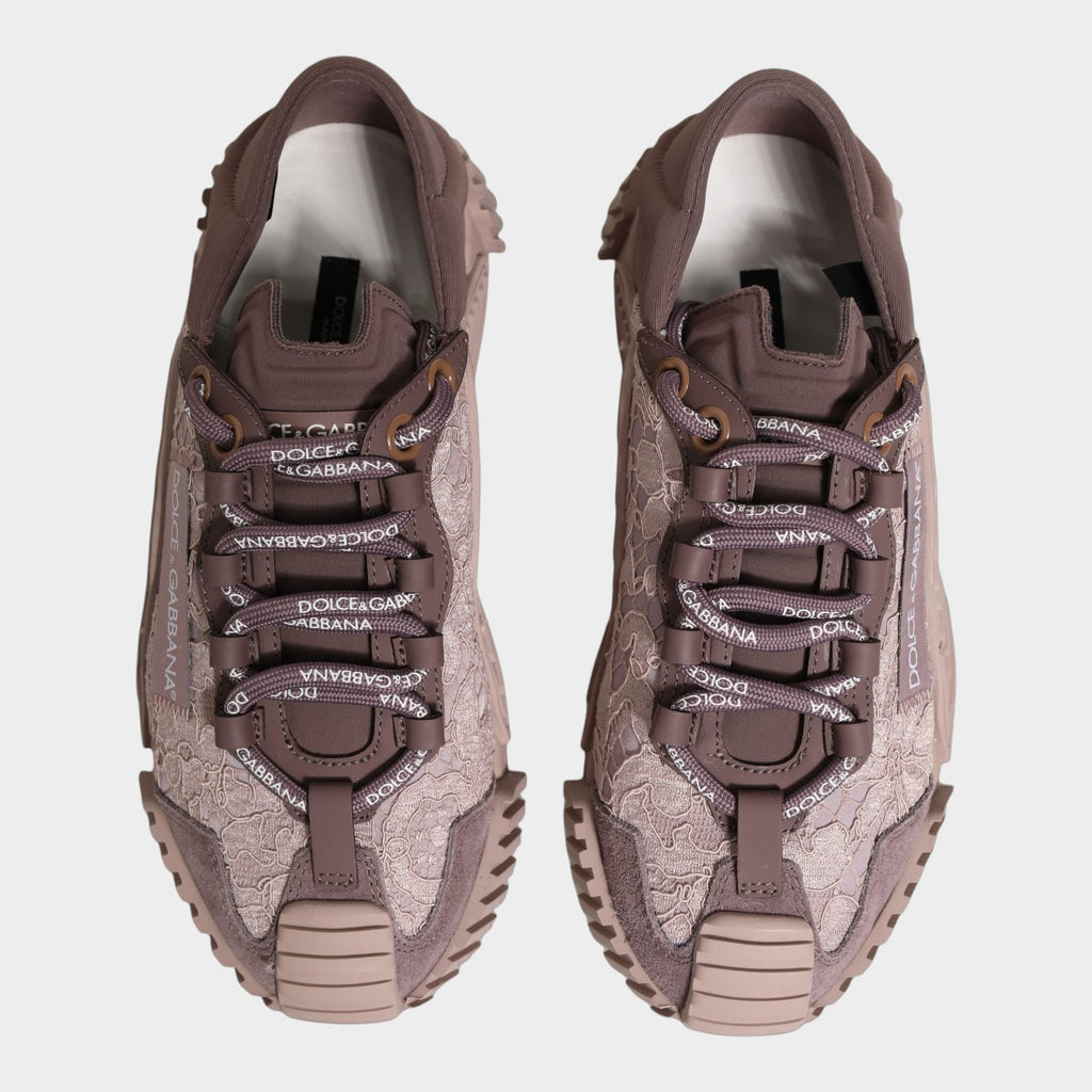 Esmire & Co Dolce & Gabbana NS1 low top sneakers in pink lace and nylon with logo-printed laces and rubber soles.