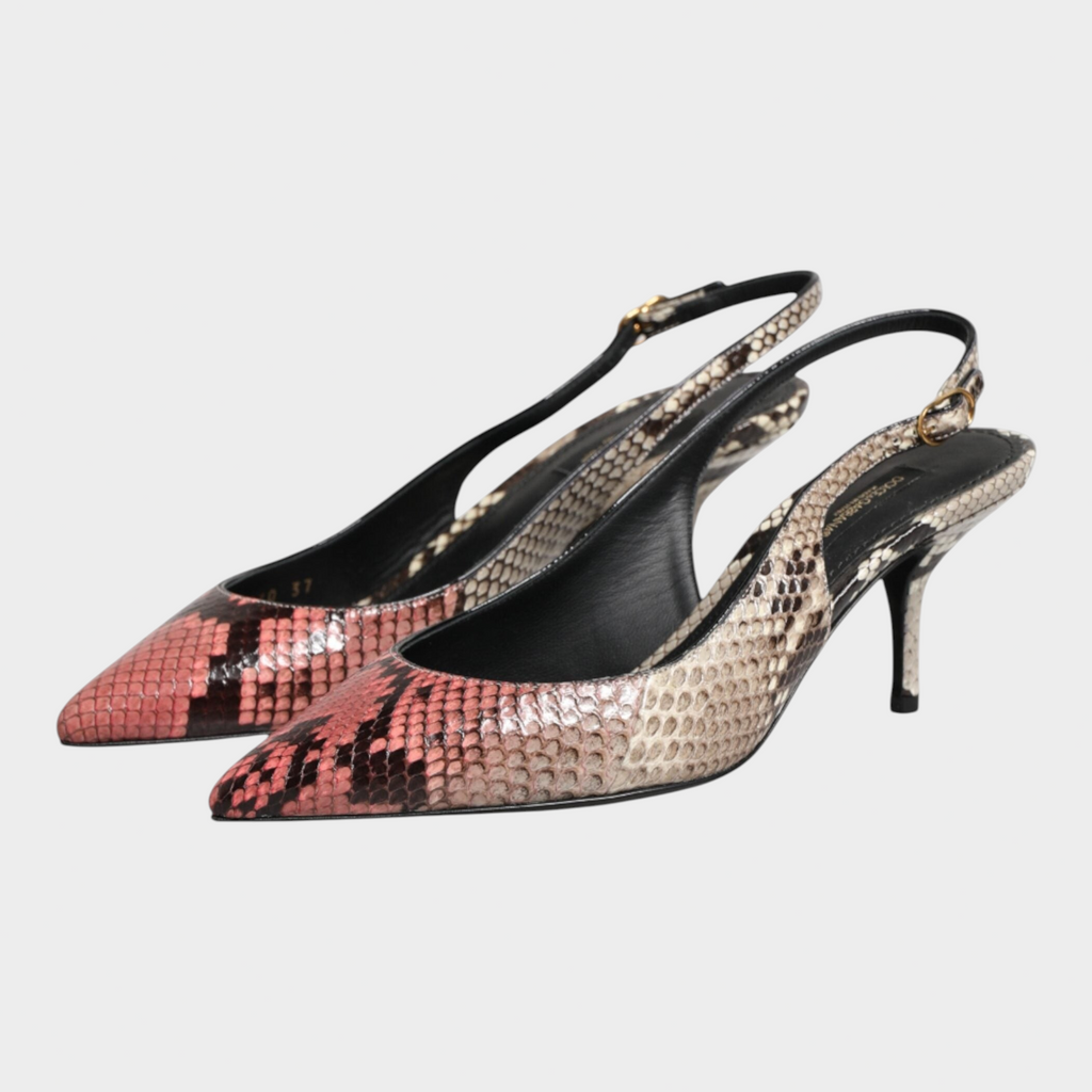 Esmire & Co Dolce & Gabbana multicolour python leather slingback heels with a pointed toe and slender heel.