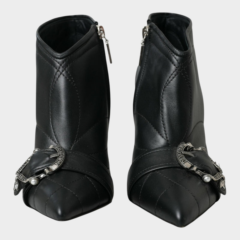 Esmire & Co Dolce & Gabbana black quilted leather stiletto booties with silver buckled detail and pointed toe